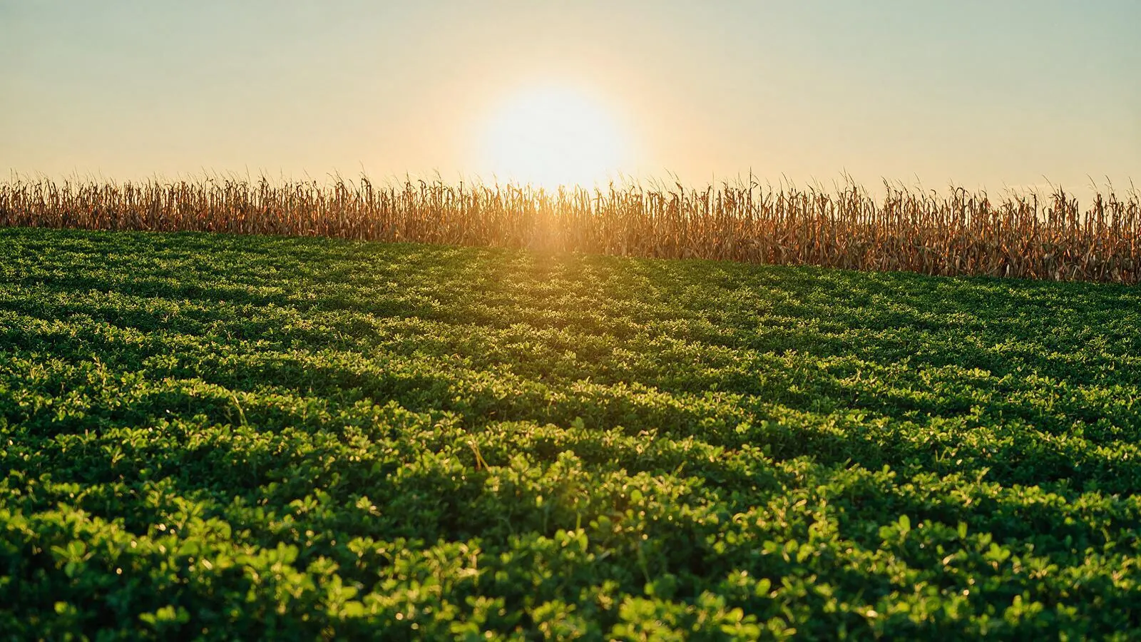 A rolling field of green cover crops in front of standing corn stubble at sunset